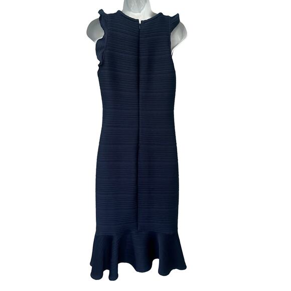 Shoshanna Navy Blue Ruffle Hem Sleeveless Ribbed Sheath Midi Dress size 6 - Picture 3 of 11